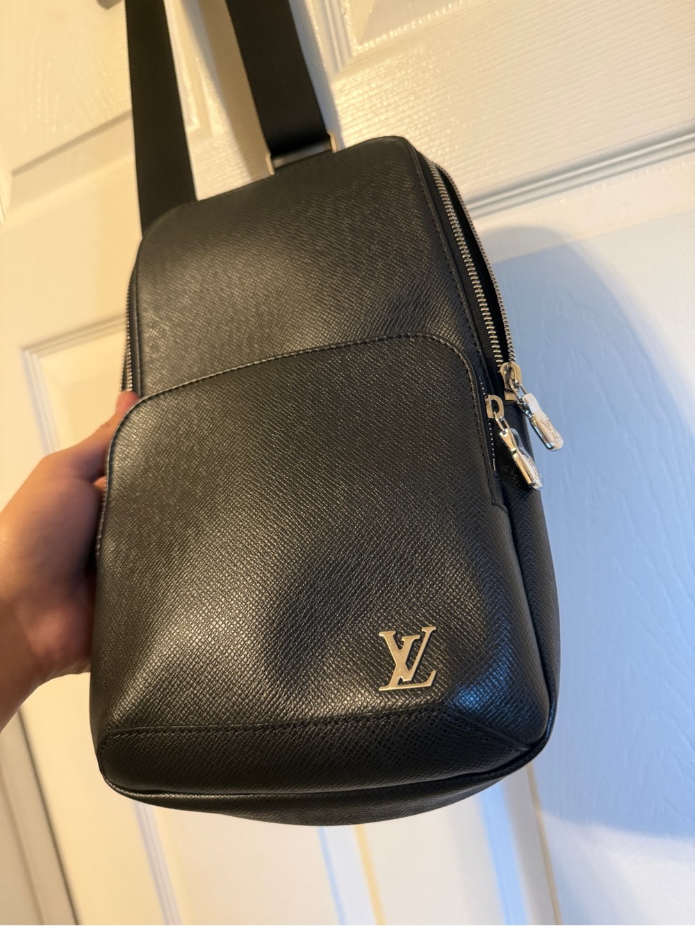Louis Vuitton Black Leather Sling Belt Bag with Silver LV Emblem - Picture 2 of 9